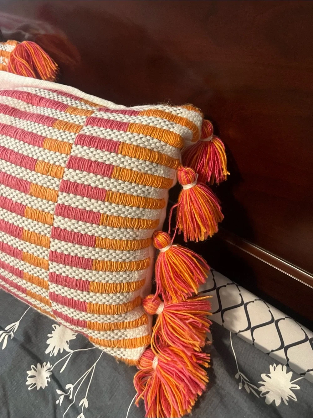 World Market Set of 2 Fuchsia Multi-Stripe Fringe Boho Lumbar Throw Pillows
